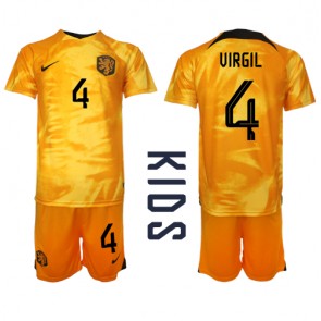 Netherlands Virgil van Dijk #4 Replica Home Stadium Kit for Kids World Cup 2022 Short Sleeve (+ pants)